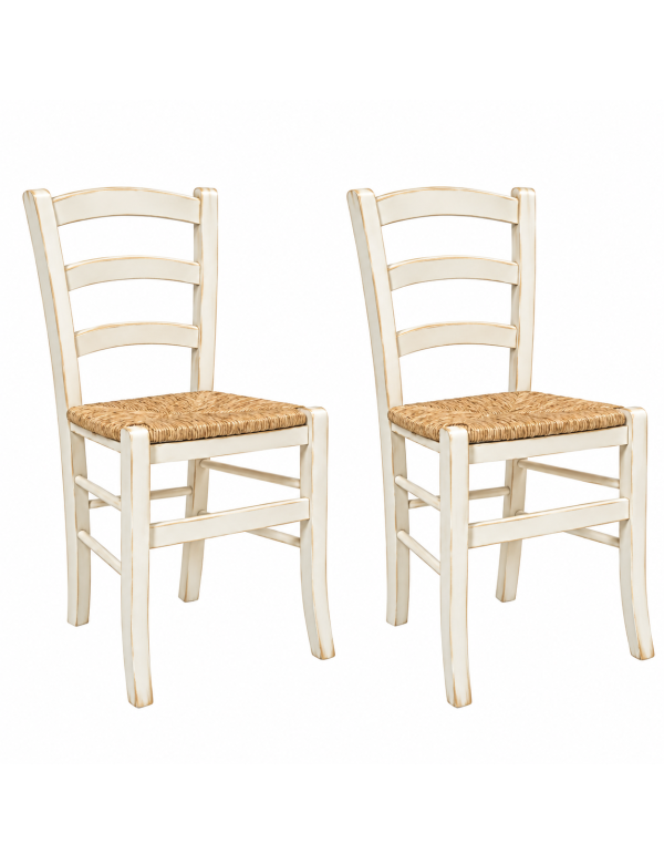 Set 2 sedie legno shabby bianco anticato seduta paglia 43x46x89