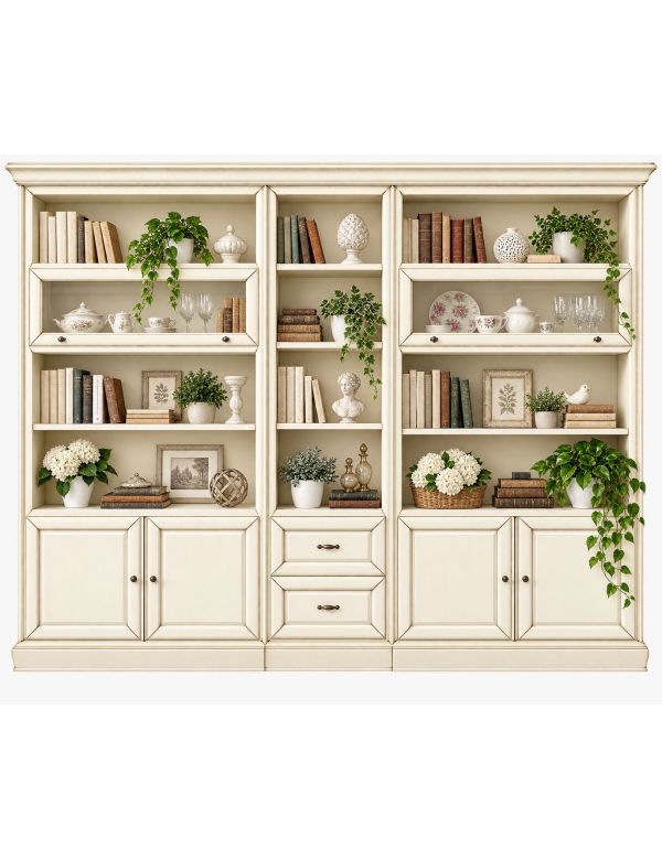 LIBRERIA PORTA TV CLASSICA IN LEGNO SHABBY VARI COLORI 310X45X224