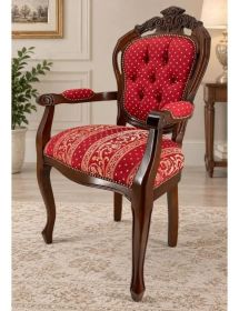 Poltrona Capotavola Barocca in Legno Noce con Braccioli - Sedia Imbottita Tessuto Rosso 58x58x107 cm
