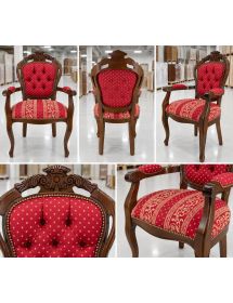 Poltrona Capotavola Barocca in Legno Noce con Braccioli - Sedia Imbottita Tessuto Rosso 58x58x107 cm