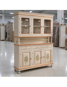 Cristalliera arte povera legno 3 porte avorio patinato decori 150x43x208