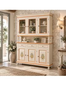 Cristalliera arte povera legno 3 porte avorio patinato decori 150x43x208