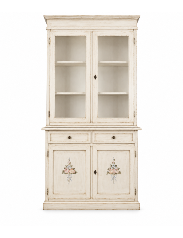 Cristalliera 2 porte shabby legno bianco anticato decorato 105X42X205