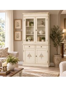 Cristalliera 2 porte shabby legno bianco anticato decorato 105X42X205