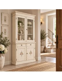 Cristalliera 2 porte shabby legno bianco anticato decorato 105X42X205