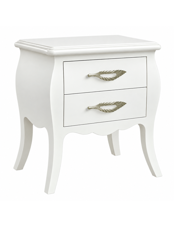 Comodino 2 cassetti bombato legno shabby bianco opaco 50x30x60