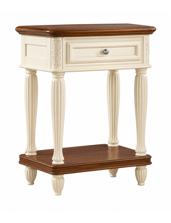 Comodino 1 cassetto legno shabby chic panna e noce 55x37x71 vista frontale