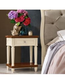 Comodino 1 cassetto legno shabby chic panna e noce 55x37x71
