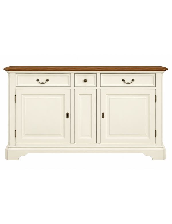 Madia credenza legno shabby chic 2 porte 3 cassetti panna e noce 180x50x95 vista frontale