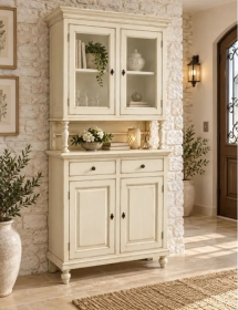 Cristalliera Shabby Chic in Legno Bianco anticato 104x43x208 cm | Vetrina Credenza