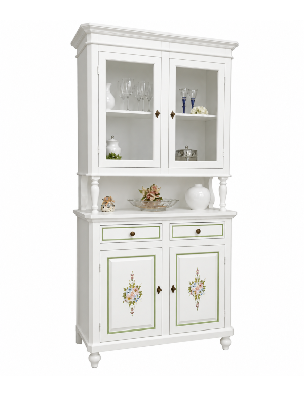 CRISTALLIERA IN LEGNO 2 ANTE BIANCA/DECORI FLOREALI L.104 P.43 H.208 (499) vista frontale