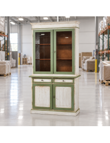 CRISTALLIERA 2 ANTE LEGNO BICOLORE SHABBY BIANCO VERDE 105X42X205