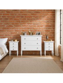 Trittico Camera da Letto Arte Povera Bianco Opaco: Comò 4 Cassetti e 2 Comodini in Legno