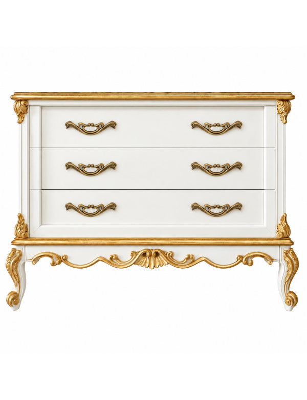 Cassettiera Barocco 3 Cassetti Bianca e Oro 120x47x90 | Comò Classico vista frontale