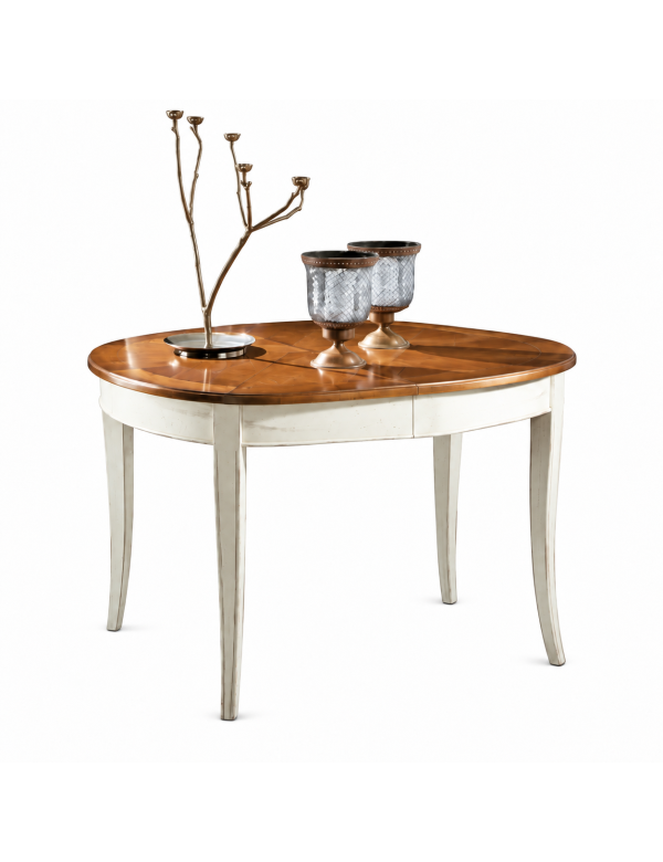 Tavolo ovale allungabile Classico Legno Intarsio shabby bicolore 115x95x78 vista frontale