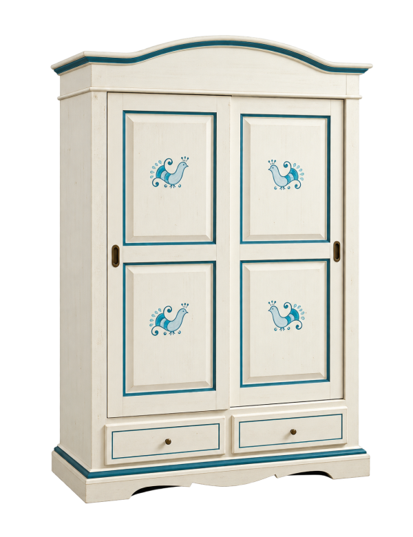 Armadio 2 ante scorrevoli legno shabby bianco anticato pavoncella 122X59X200 vista frontale