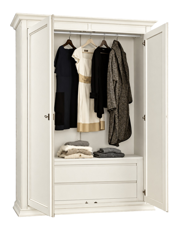 Armadio Shabby Chic Bianco 2 Porte in Legno con Cassetti Interni - 152x62x219 cm vista frontale