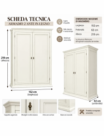 Armadio Shabby Chic Bianco 2 Porte in Legno con Cassetti Interni - 152x62x219 cm