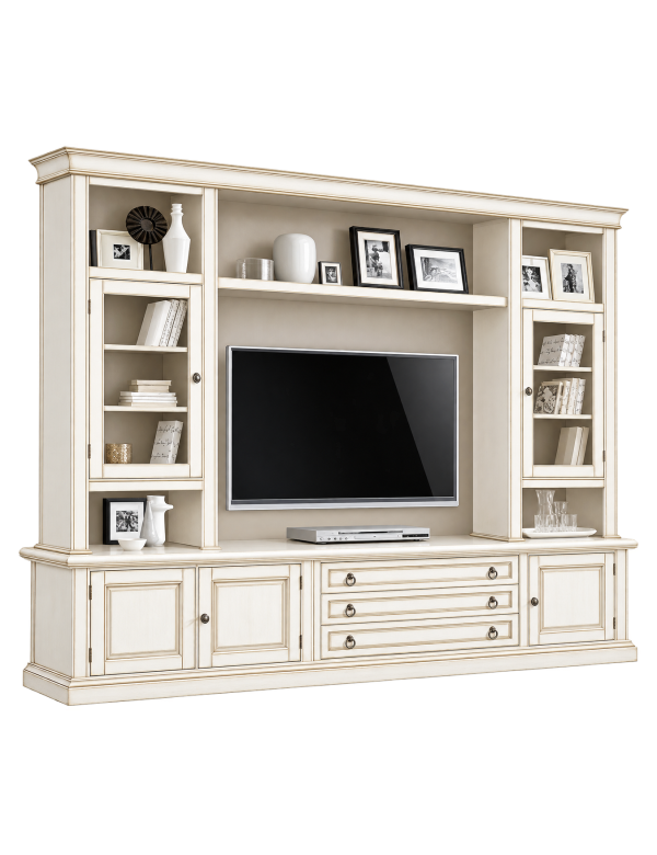 Parete attrezzata in legno shabby bianco anticato 243x50x227 vista frontale
