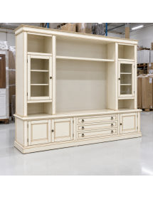 Parete attrezzata in legno shabby bianco anticato 243x50x227 vista frontale