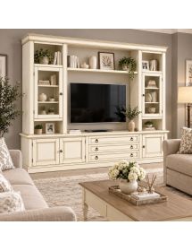Parete attrezzata in legno shabby bianco anticato 243x50x227