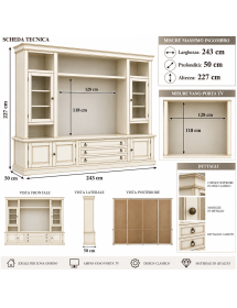 Parete attrezzata in legno shabby bianco anticato 243x50x227