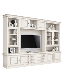Parete attrezzata in legno shabby bianco anticato 286x50x227 vista frontale
