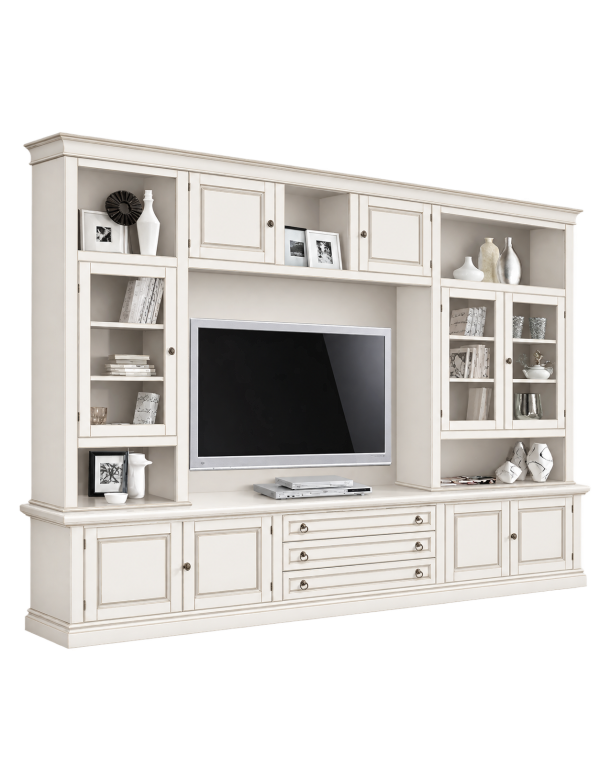 Parete attrezzata in legno shabby bianco anticato 286x50x227 vista frontale