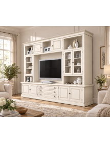 Parete attrezzata in legno shabby bianco anticato 286x50x227