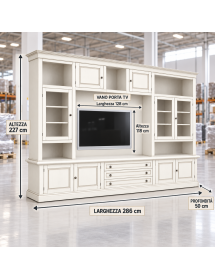 Parete attrezzata in legno shabby bianco anticato 286x50x227
