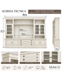Parete attrezzata in legno shabby bianco anticato 286x50x227