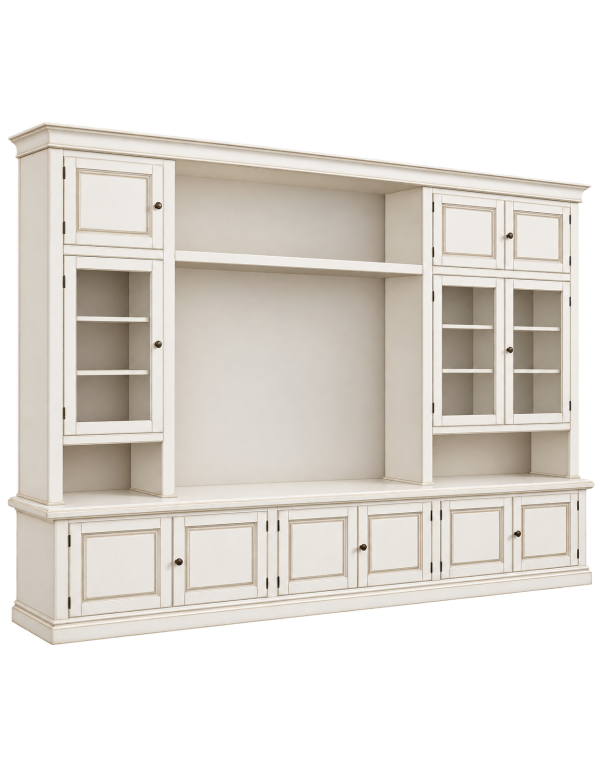 Parete attrezzata in legno shabby bianco anticato 286x50x227 vista frontale