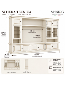 Parete attrezzata in legno shabby bianco anticato 286x50x227