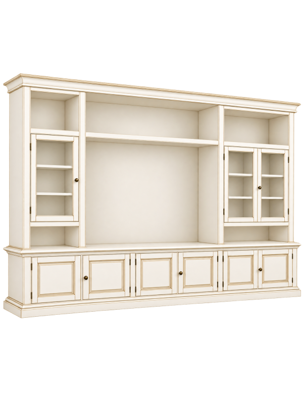 Parete attrezzata in legno shabby bianco anticato 286x50x227 vista frontale