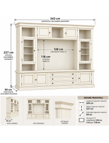 Parete attrezzata in legno shabby bianco anticato 243x50x227