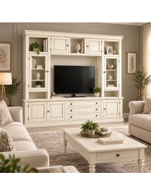 Parete attrezzata in legno shabby bianco anticato 243x50x227