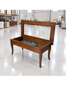 TAVOLINO BACHECA ARTE POVERA VETRO E LEGNO TINTA NOCE L.100 P.50 H.47
