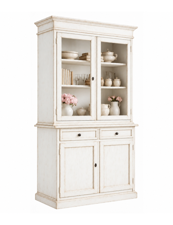 CRISTALLIERA 2 PORTE LEGNO SHABBY BIANCO INVECCHIATO 105X42X206