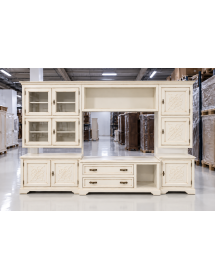 Parete Attrezzata Soggiorno in Legno Bianco Anticato 310x65 cm – Stile Classico