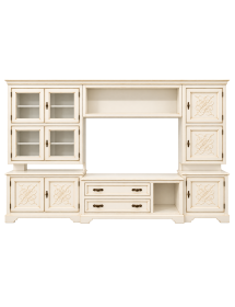 Parete Attrezzata Soggiorno in Legno Bianco Anticato 310x65 cm – Stile Classico VISTA FRONTALE