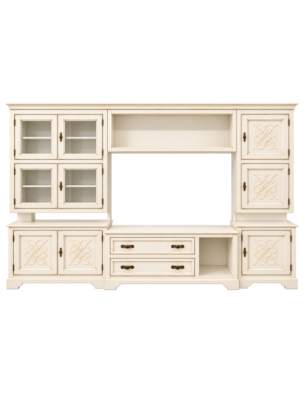 Parete Attrezzata Soggiorno in Legno Bianco Anticato 310x65 cm – Stile Classico VISTA FRONTALE