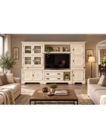 Parete Attrezzata Soggiorno in Legno Bianco Anticato 310x65 cm – Stile Classico