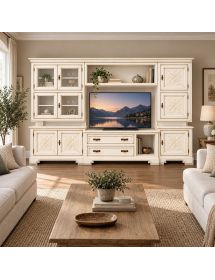 Parete Attrezzata Soggiorno in Legno Bianco Anticato 310x65 cm – Stile Classico