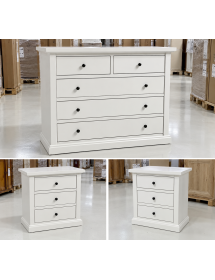 Gruppo notte in legno laccato bianco opaco con comò a 5 cassetti e 2 comodini a 3 cassetti – 1364