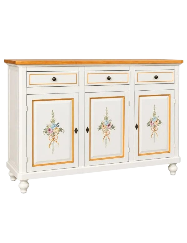 MADIA CREDENZA NAPOLETANA 3 PORTE BIANCO DECORI  L.150 P.43 H.98