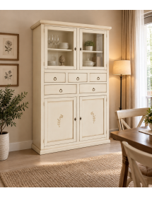 Dispensa 4 porte 5 cassetti legno avorio anticato decori shabby 120x41x187