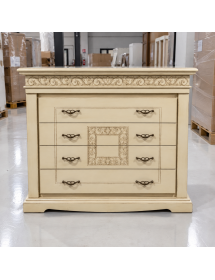 Cassettiera 4 cassetti intagliata legno shabby avorio patinato 127x58x109
