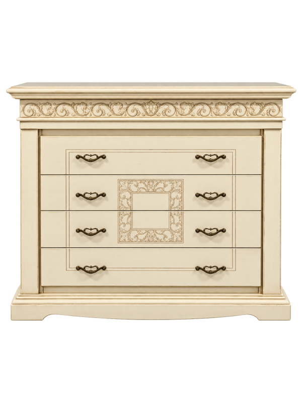 Cassettiera 4 cassetti intagliata legno shabby avorio patinato 127x58x109