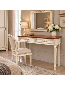 Consolle Toletta 2 Cassetti in Legno Massello Bianco Anticato e Noce 120x41x83 cm
