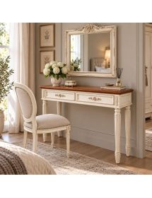 Consolle Toletta 2 Cassetti in Legno Massello Bianco Anticato e Noce 120x41x83 cm